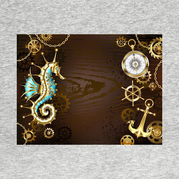 Wooden Background with Mechanical Seahorse ( Steampunk ) by Blackmoon9